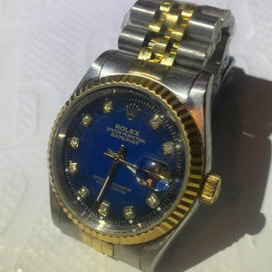 Rolex Datejust Mens Watch Stainless/18K Gold, Blue Dial, Diamond Indexes